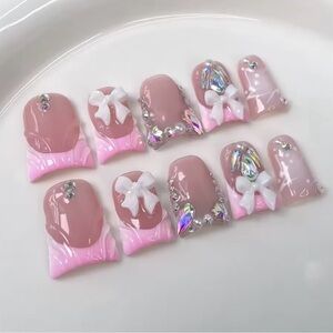 Pink Nude Bow & Crystal Rhinestone Press-On Nails
